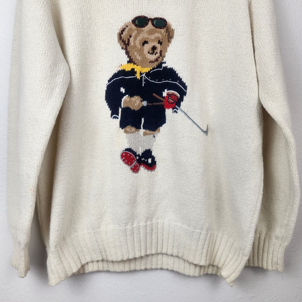Vintage Ralph Lauren Polo Sport Bear Golf Sweater Cream Large Women Crewneck - Picture 4 of 9